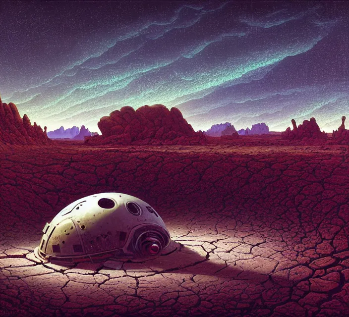 Prompt: the 👽 crash site at a dry river bed in a barren 🏜 by ivan shishkin and zacharias aagaard and simon stalenhag and josan gonzalez and escher, chiaroscuro, tonalism, sfumato, high saturation, high contrast, vibrant, retrowave