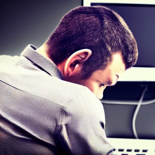 Prompt: detailed photorealistic a man sitting while crying because stuck in front of his computer because programming. bokeh and cinematic