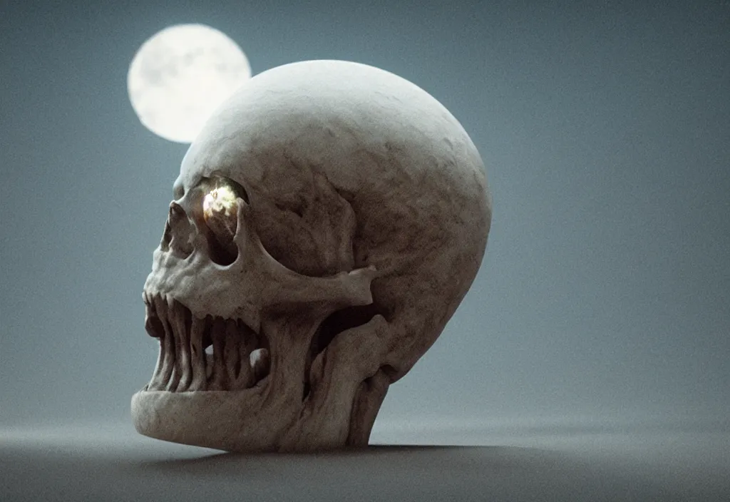 Image similar to strange alien skull in a dessert in the moon, cinematic lighting, octane tender, volumetric light, dark - art