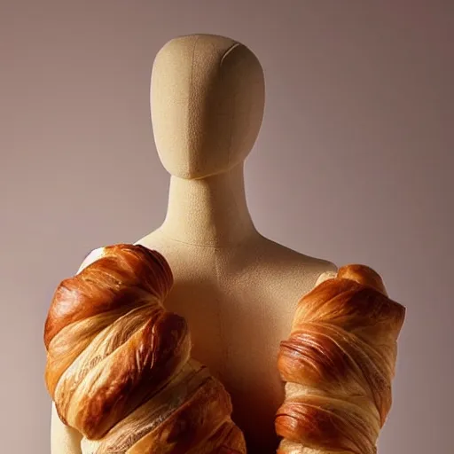 Image similar to a beautiful dress made out of a croissant, on a mannequin. high quality, high resolution, studio lighting