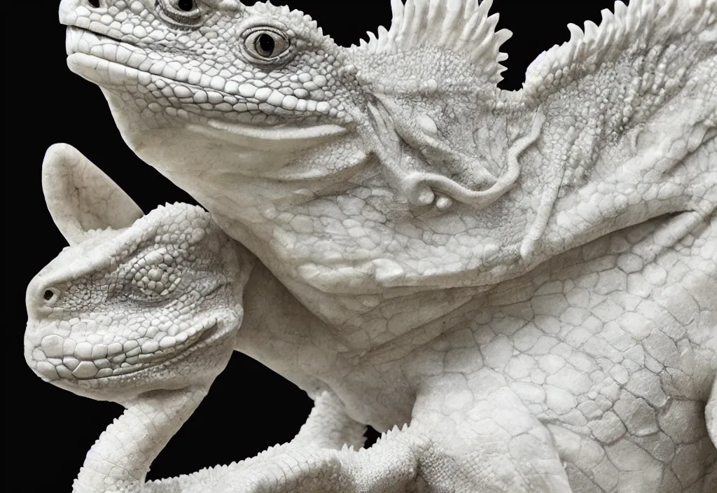 Image similar to photograph of a sculpture on marble white of a iguana , made from Gian Lorenzo Bernini, artstation, hyper realistic, drammatic light