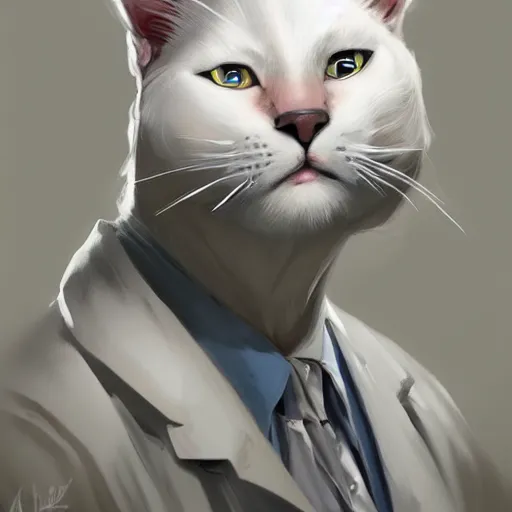 Prompt: anthropomorphic cat radiologist wearing white lab coat, fantasy, portrait, digital painting, trending on artstation, concept art, sharp focus, illustration, art by artgerm and greg rutkowski and magali villeneuve