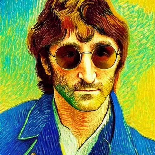 Image similar to an artistic portrait of john lennon, peaceful, friendly, high quality, studio photography, colorful, hero, heroic, beautiful, in the style of vincent van gogh