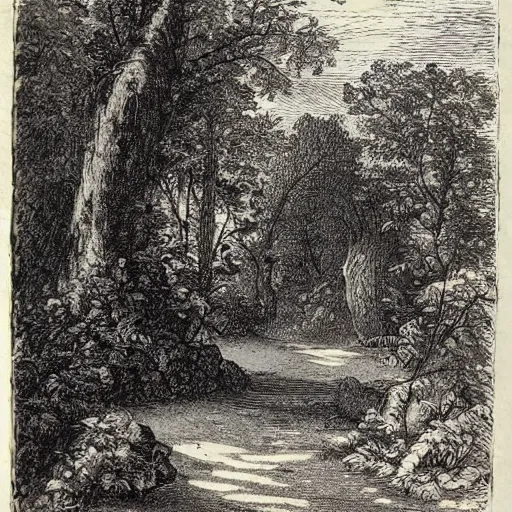 Image similar to a path in the woods, trees, rocks, mysterious, engraving, old book, etching