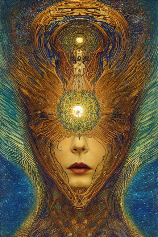 Image similar to Intermittent Chance of Chaos Muse by Karol Bak, Jean Deville, Gustav Klimt, and Vincent Van Gogh, enigma, fate, otherworldly, fractal structures, arcane, prophecy, ornate gilded medieval icon, third eye, spirals