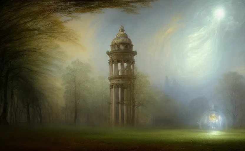 Prompt: a neoclassical tower with dome on a magical mystical forest. by artstation trending, by joseph mallord william turner, luis royo, konstantin razumov, cinematic lighting, fractal flame, highly detailed