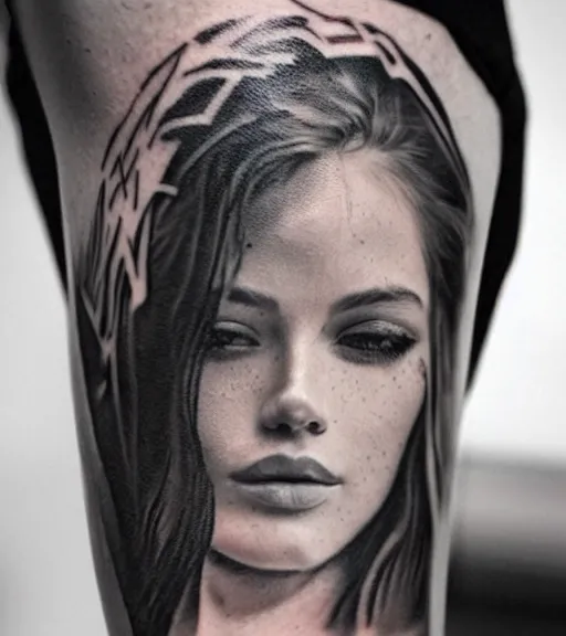 Image similar to tattoo design sketch of a beautiful woman face with a realistic mountain scenery on her side, hyper - realistic, double exposure effect, in the style of matteo pasqualin, amazing detail, black and white, faded