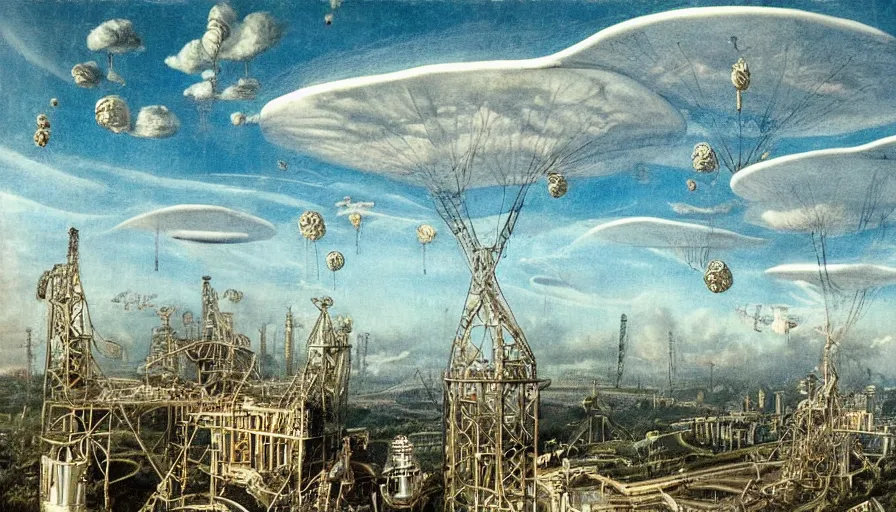 Image similar to Buckminster at home in an inflated stainless steel chrome gondola in the clouds, people are hanging by steel cables. Oil rigs in the sky. Intricate technical drawing. Mammatus clouds. Ornate, brilliant, utopian, detailed, Golden ratio, solarpunk