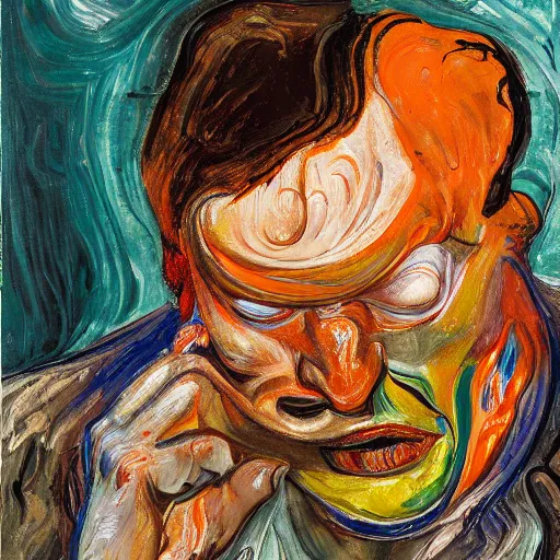 Prompt: high quality high detail expressionist painting of a man in agony by lucian freud and jenny saville edvard munch and francis bacon, hd, anxiety, seated at table crying and screaming, turquoise and orange