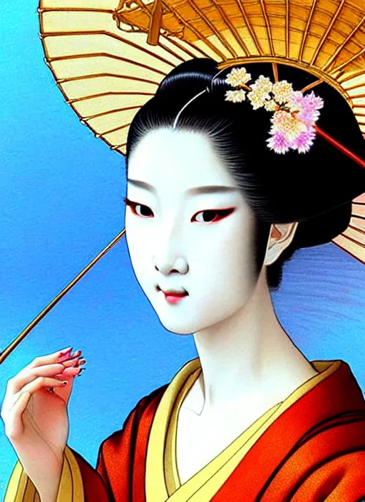 Image similar to glamorous young Geisha closeup portrait, beautiful pale makeup, pearlescent skin, elegant pose, very detailed, highly detailed kimono, photorealism, sharp focus, soft diffuse autumn lights, some sunlight ray, zen temple background, painted by Leonardo da vinci and moebius