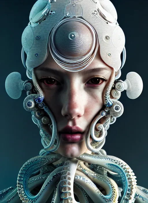 Image similar to portrait of an absurdly beautiful, graceful, sophisticated, fashionable cyberpunk mechanoid, hyperdetailed illustration by irakli nadar and alexandre ferra, intricate linework, white porcelain skin, faberge, octopus headdress, unreal engine 5 highly rendered, global illumination, radiant light, detailed and intricate environment