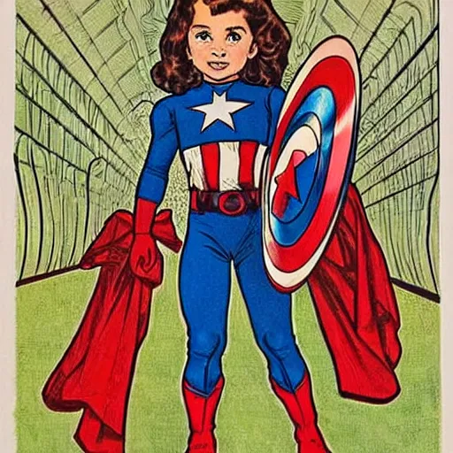 Prompt: a little girl with a mischievous face and light brown curly wavy hair and blue eyes. she is dressed as captain america, spider - man, batman, captain marvel, a superhero. well composed, clean elegant painting, beautiful detailed face. comic book art by steve ditko and jack kirby and alphonse mucha