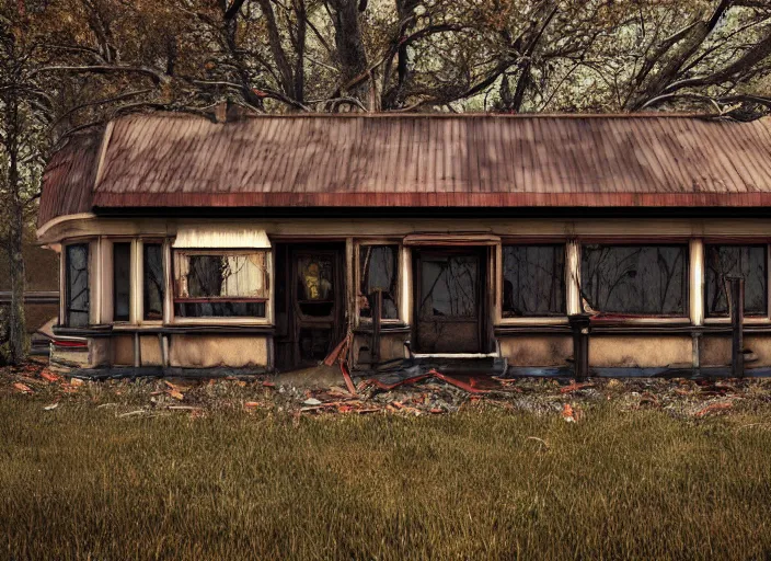 Prompt: exterior of an abandoned american diner, taken over by nature, gothic style, hyperrealistic and beautiful painting, 8 k resolution, by hugh ferris and john smith, polished, fine detail, intricate, smooth, octane, concept art, trending on artstation