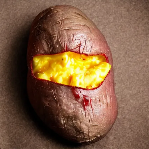 Image similar to evil loaded baked potato face, haunted villain, cinematic, realistic photo, unsettling