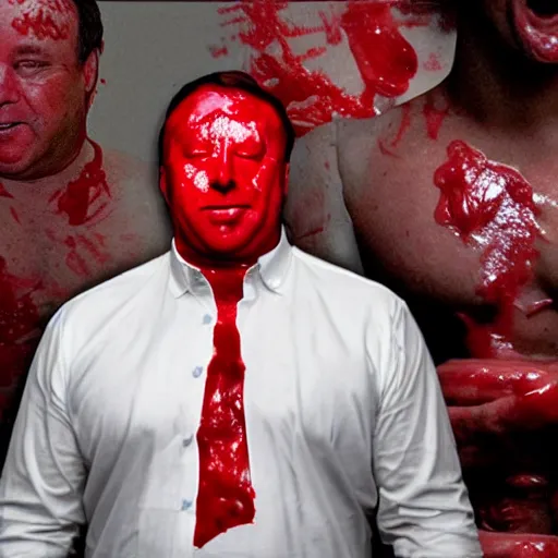 Prompt: a realistic photograph of Alex Jones live on infowars with his shirt off covered in ketchup with his desk covered in raw meat with lit candles