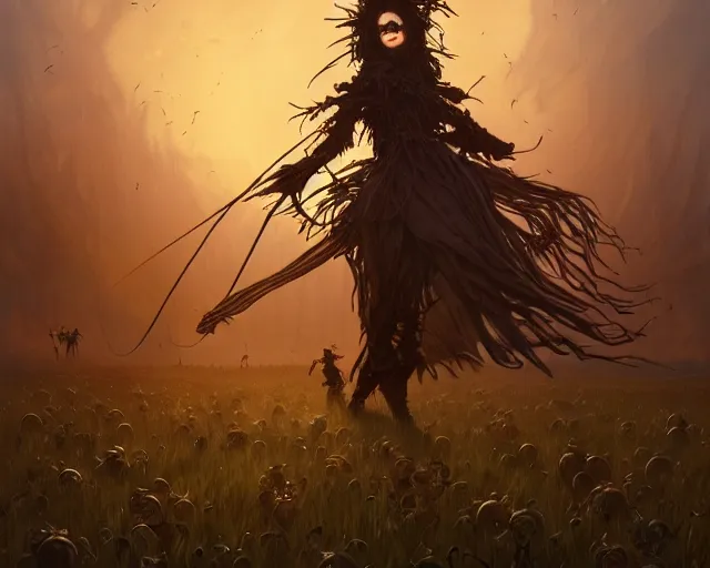 Image similar to field of scarecrows horror scene scary, deep focus, d & d, fantasy, intricate, elegant, highly detailed, digital painting, artstation, concept art, matte, sharp focus, illustration, hearthstone, art by artgerm and greg rutkowski and alphonse mucha