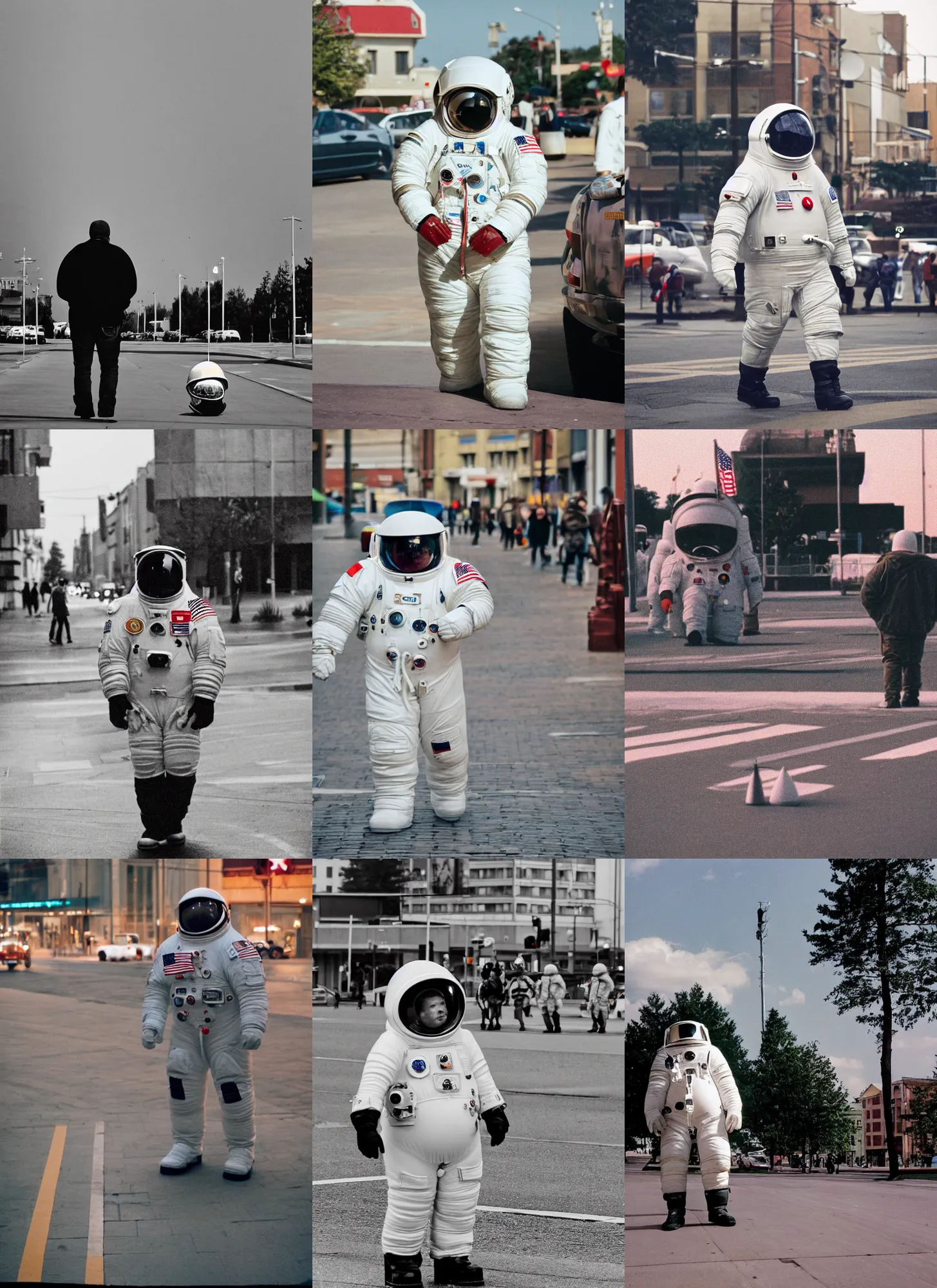 Prompt: color photograph by legnica, extreme low angle long shot, white extremely oversized giant chubby fat american astronaut in spacesut with oversized helmet walking in legnica, in the background are tiny soldiers, movie still, bokeh, canon 5 0 mm, cinematic lighting, dramatic, film, photography, depth of field, award - winning, overcast, 8 k, 3 5 mm film grain