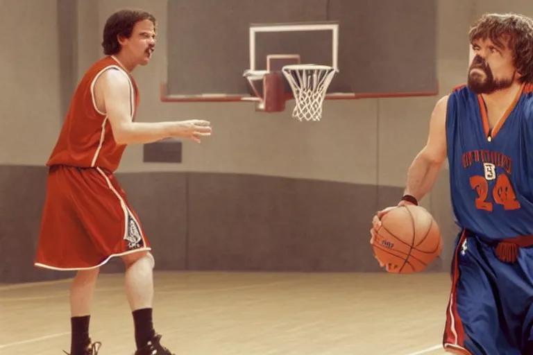 Image similar to peter dinklage playing basketball movie still, from the new slam dunk ernest movie, 8 k, realistic