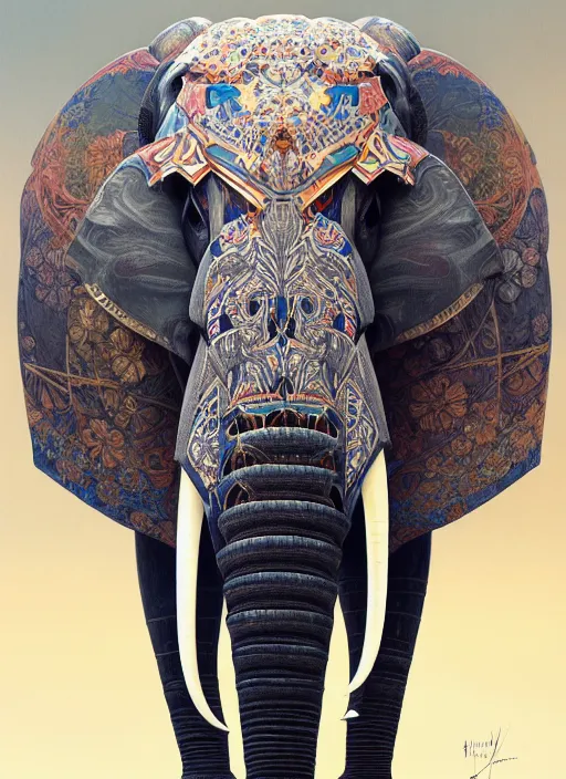 Image similar to symmetry!! portrait of a hybrid robot elephant, floral! horizon zero dawn machine, intricate, elegant, highly detailed, digital painting, artstation, concept art, smooth, sharp focus, illustration, art by artgerm and greg rutkowski and alphonse mucha, 8 k