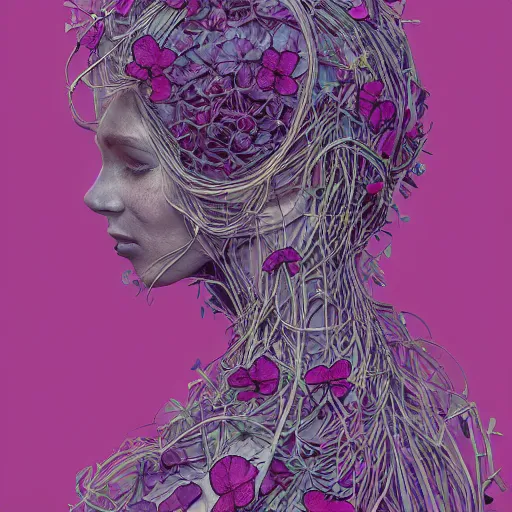 Prompt: the head of an incredibly elegant and beautiful woman partially made of potatoes and violets, an ultrafine detailed illustration by james jean, final fantasy, intricate linework, bright colors, behance contest winner, vanitas, angular, altermodern, unreal engine 5 highly rendered, global illumination, radiant light, detailed and intricate environment