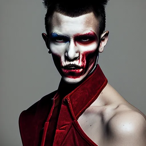 Image similar to a portrait of a beautiful young vampire male wearing an alexander mcqueen armor , photographed by andrew thomas huang, artistic