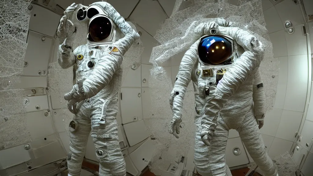 Image similar to a single astronaut eva suit covered in diamond 3d fractal lace iridescent bubble 3d skin and covered with insectoid compound eye camera lenses floats through the living room, film still from the movie directed by Denis Villeneuve with art direction by Salvador Dalí, wide lens,