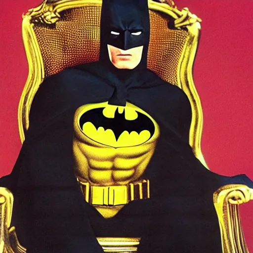 Image similar to a 8k award winning photograph of Batman sitting on a golden throne drinking Coka Cola, Annie Leibovitz