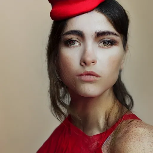 Image similar to beauty photographic portrait of half - length portrait of stunning girl in a red hat and black dress, kodak portra 4 0 0, 8 k, soft light, volumetric lighting, highly detailed,,