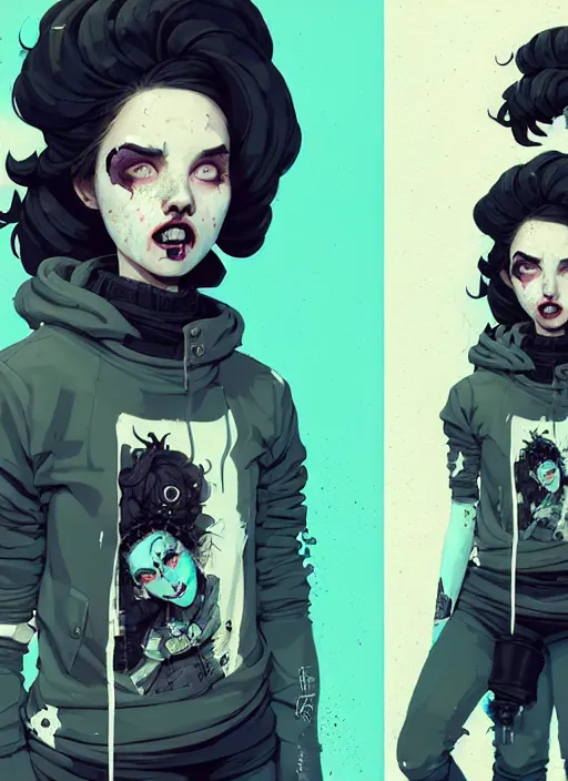 Image similar to highly detailed portrait of a sewer punk lady, tartan hoody, ringlet hair by atey ghailan, by greg rutkowski, by greg tocchini, by james gilleard, by joe fenton, by kaethe butcher, gradient light blue, black, cream and white color scheme, grunge aesthetic!!! ( ( graffiti tag wall background ) )