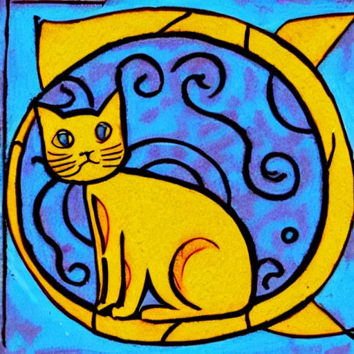 Image similar to tattoo sketch of a cat hugging the sun, on a yellow paper, byzantium ornament, tribal