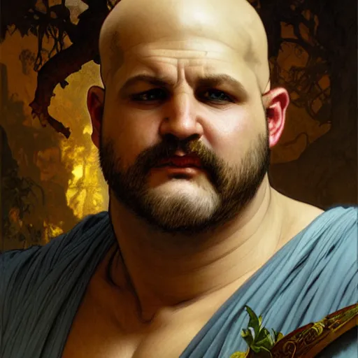 Prompt: Ethan Van Sciver as Greek god Bacchus, bald head, grey beard, pointed nose, gorgeous, amazing, fat, intricate, highly detailed, digital painting, artstation, concept art, sharp focus, illustration, art by greg rutkowski and alphonse mucha