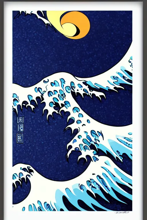 Image similar to Patrick Nagel Poster of The Great Wave off Kanagawa, White Moon in the background, art by artgerm