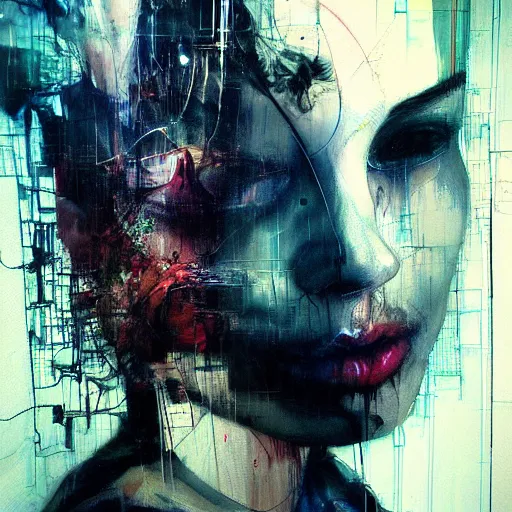 Image similar to i live in cyber dreams, glitchcore wires, machines, by jeremy mann, francis bacon and agnes cecile, and dave mckean ink drips, paint smears, digital glitches glitchart