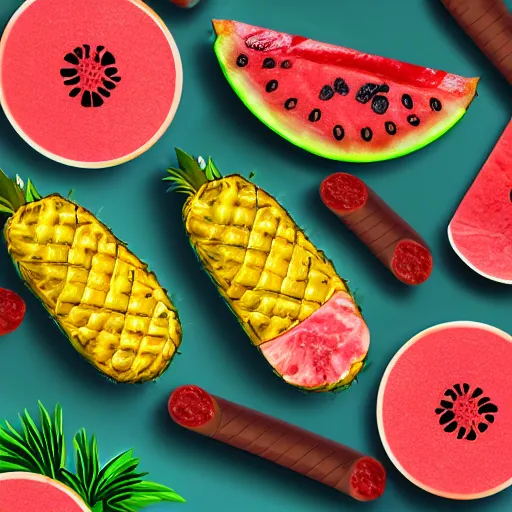 Prompt: meat made from pineapple, sausage and watermelon in digital art style, 8k, ps5