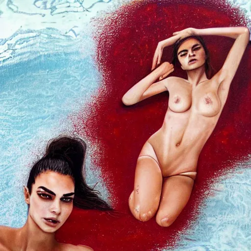 Prompt: painting of emily ratajkowski and cara delevigne laying in a pool blood red water. Very clear face and full physically accurate body shot. There is a golden shining mirror frame that intersects the water between them. Outside of the mirror frame is a black sky full of stars and within the frame is beautiful renaissance landscape. hyperrealistic, surreal, art, photography, artstation, smooth, sharp focus, art by artgem, francis bacon, HR Giger, greg rutkowski and alphonse much 4k