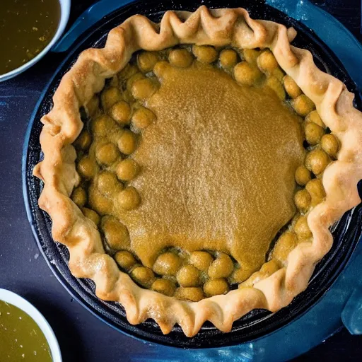 Image similar to photo of a beautiful woman swimming in a giant pie floater, which is a giant pie floating in mushy peas and gravy