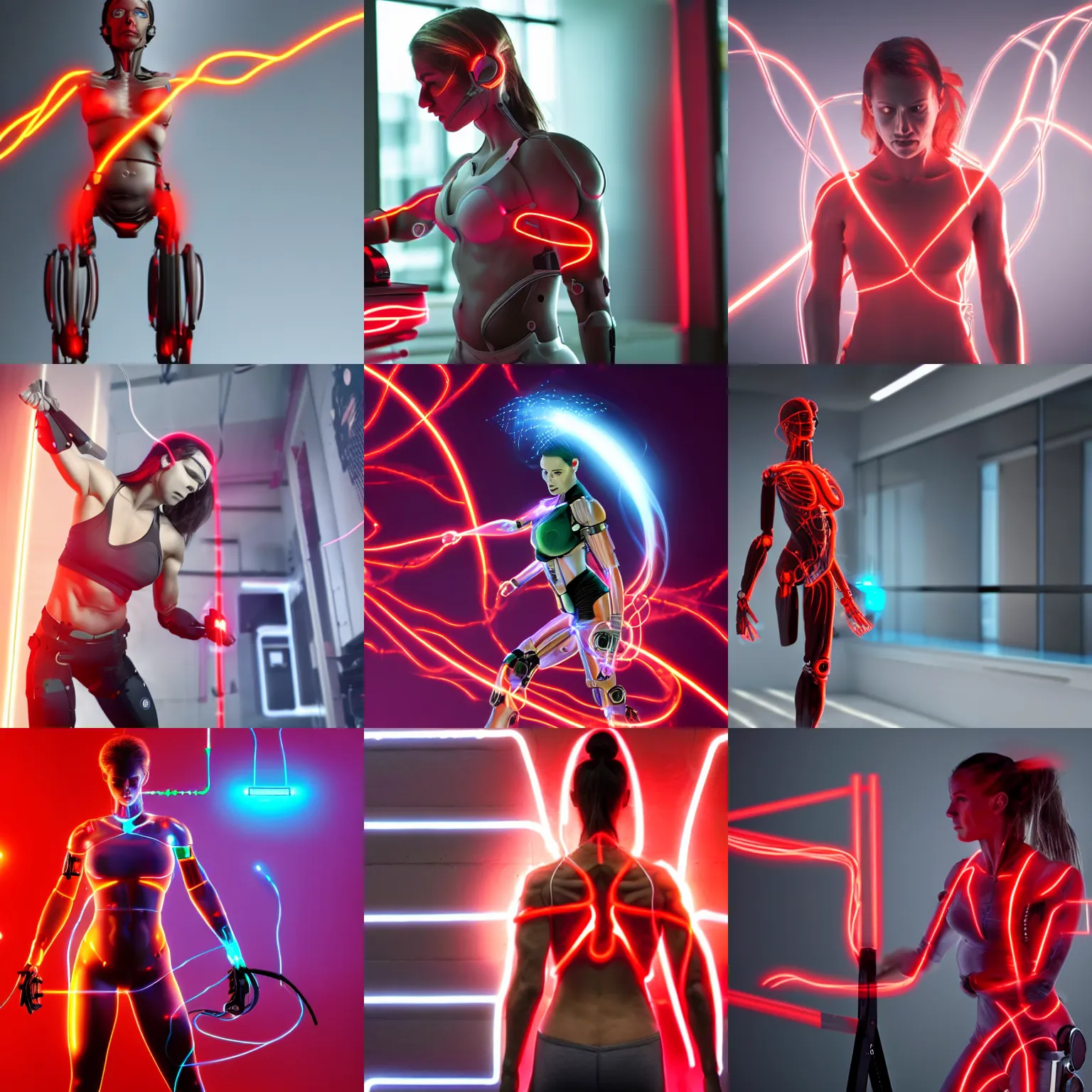 Prompt: a muscular female cyborg, standing in a docking station, wires plugged into body, recharging, glowing red body, sparks flying out wires