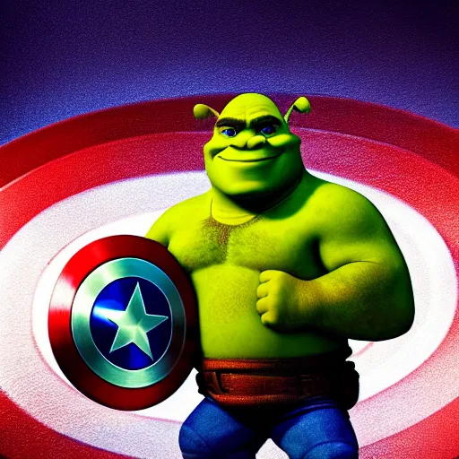 Prompt: digital painting of tiny super cute Shrek as Captain America in palms of someone's hands, octane render, volumetric lightening, by marvel