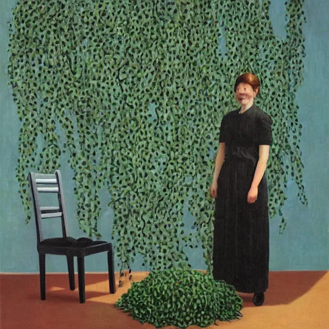 Image similar to a pathology student in her apartment, wrapped in vines, stepping stones, octopus, berries, black walls, ikebana, black armchair, sculpture, moss, acrylic on canvas, surrealist, by magritte and monet
