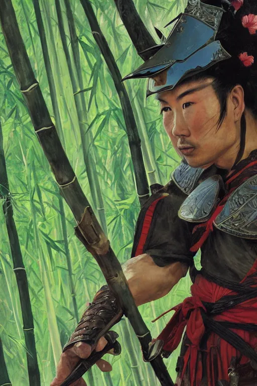 Prompt: close up of samurai warrior in full armor, in a bamboo forest, by huang guangjian and gil elvgren, sachin teng, greg manchess