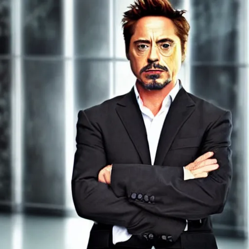 Prompt: Robert Downey Jr. with a very tired and tired face in a business black suit crossed his arms, standing indoors, background blurred, focus in the foreground, realism, details,