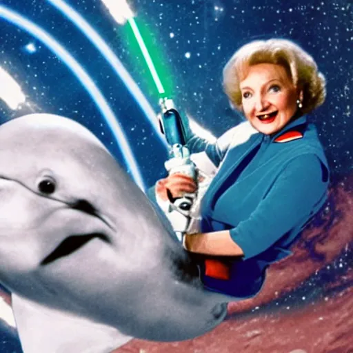 Image similar to betty white straddling a dolphin in space, wielding dual lightsabers