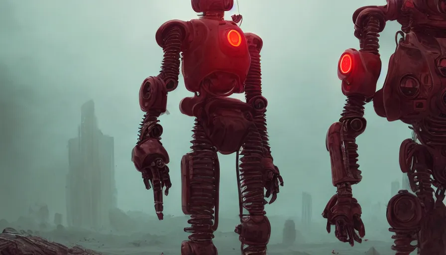 Prompt: a digital art portrait of post apocalyptic android robot by Simon Stalenhag, power armour red alert android character design, character sheet, 4k, ultra detail, volumetric lighting, unreal engine, octane render