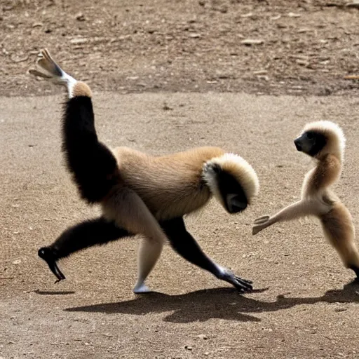 Prompt: a gibbon and a goose having a kung fu battle