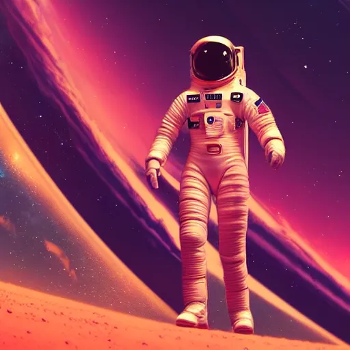 Image similar to A wide angle shot from below of a female astronaut with a feminine body walking with swagger towards camera on mars in an infinite universe , synthwave digital art