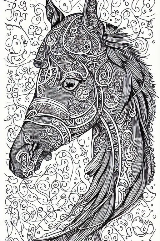 Image similar to beautiful, horse, fractals, ornamental, ink drawing, line art, colouring page