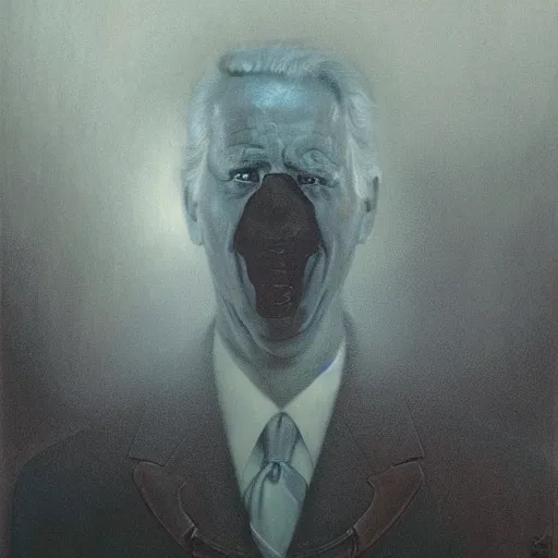 Image similar to presidential portrait of joe biden with shadowy mist pouring from mouth and nose as slenderman, by beksinski, jon mcnaughton, and stephen gammell