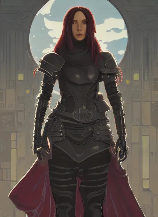 Image similar to strong female rogue in futuristic leather armor and cloak, cyberpunk, path traced, highly detailed, high quality, digital painting, by studio ghibli and alphonse mucha, leesha hannigan, makoto shinkai, disney