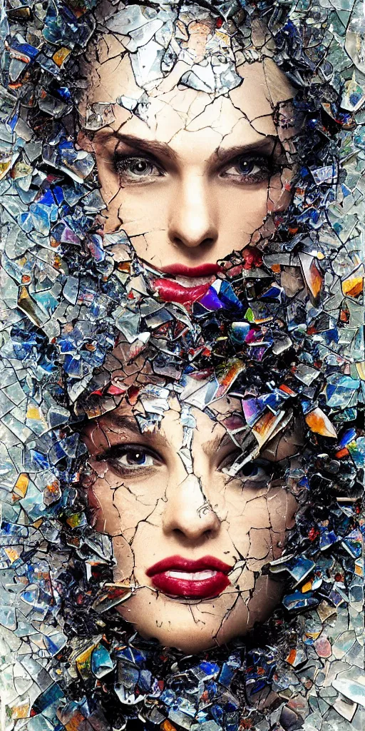 Prompt: shattered glass, a beautiful woman, explosive, shards, highly detailed, hyper realism