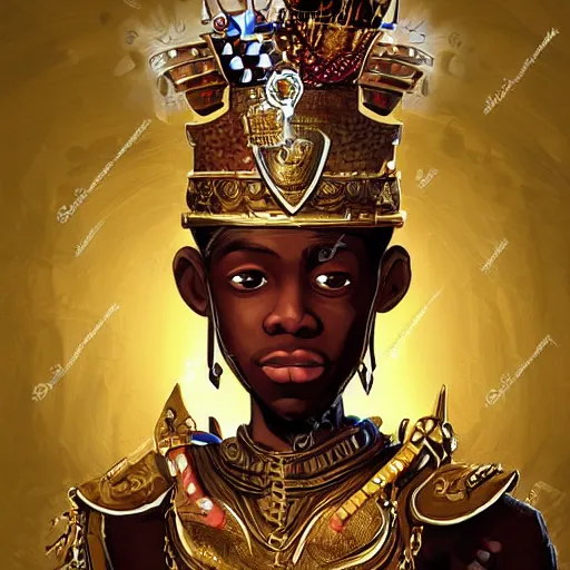 Prompt: a young black boy dressed like an african moorish warrior in gold armor and a crown with a ruby, posing with a very ornate glowing electric spear!!!!, for honor character digital illustration portrait design, by android jones in a psychedelic fantasy style, dramatic lighting, hero pose, wide angle dynamic portrait